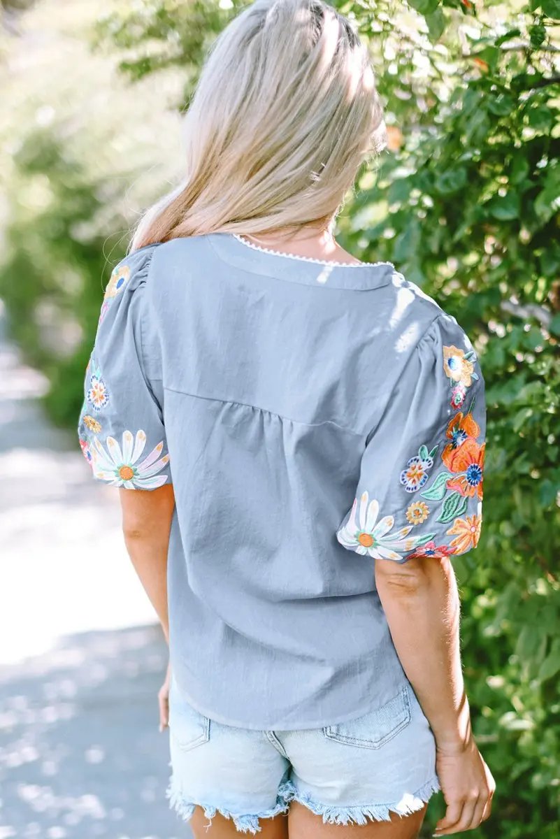Beau Blue Floral Embroidered Puff Sleeve Split Neck Blouse - Love Salve
